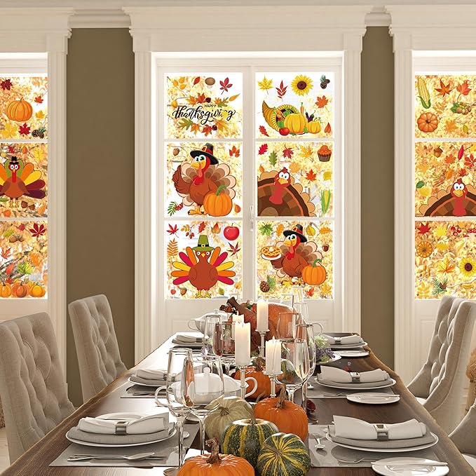 9 Sheets Thanksgiving Window Clings, 115PCS Thanksgiving Decorations Window Stickers, Turkey Decal Stickers with Cute Cones Nuts Maple Leaves Patterns for Fall Harvest Decorations Decor Accessories-CasaMuseHome