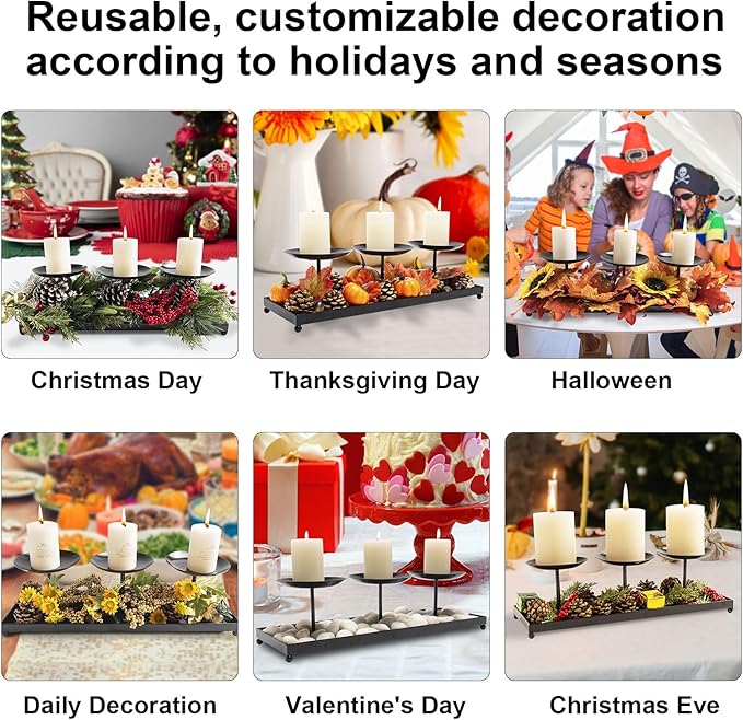3 Pillar Black Metal Candle Holders for Table Centerpiece, Fall Thanksgiving & Halloween Dining Table, Fireplace Mantel Decor, Tray Candlestick for Living Room Rustic Decorations-CasaMuseHome
