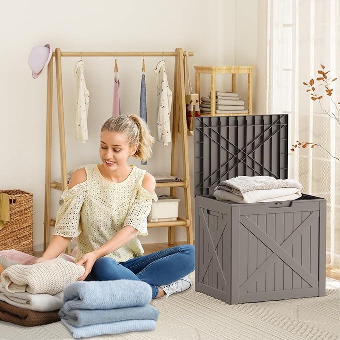 38 Gallon Outdoor Deck Box,Storage Lockable Waterproof Patio Furniture,Garden Tools,Cushions,Pool Accessories Outside Storage Resin Box(GreyX)-CasaMuseHome