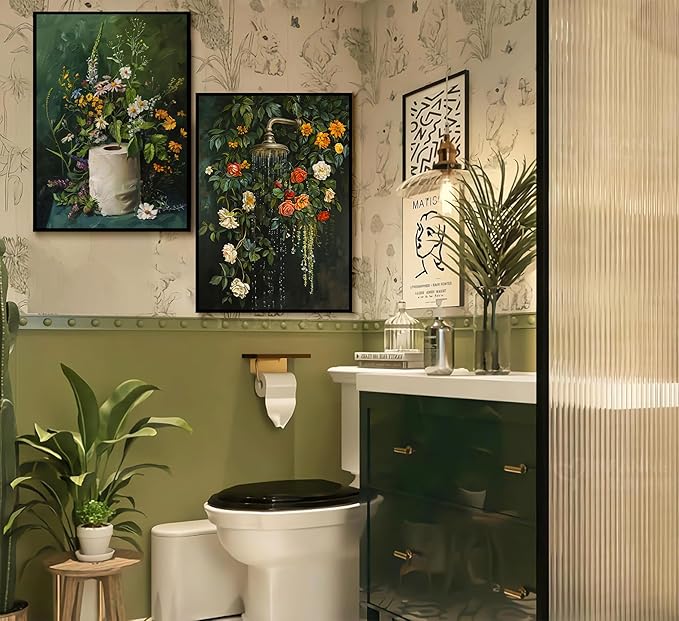 3Pcs Vintage Dark Green Bathroom Wall Art Shower Toilet Paper Roll Floral Poster Print Modern Farmhouse plants Painting Picture Wall Decor For Bathroom Living Room Decoration Unframed-CasaMuseHome