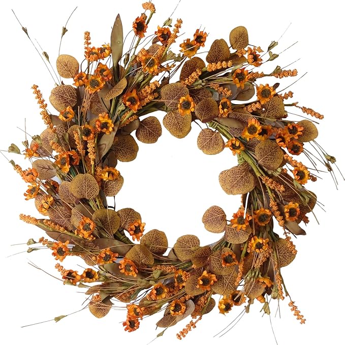 22 Inch Fall Wreath for Front Door Artificial Autumn Wreath with Eucalyptus Leaves Wild Flowers Harvest for Festival Thanksgiving Halloween Farmhouse Wall Home Decor-CasaMuseHome