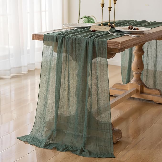 3Pcs Forest Green Gauze Rustic Cheesecloth Table Runner 120 Inch 10 FT for Wedding Baby Shower Bridal Shower Birthday Engagement Garden Outdoor Party Long Sheer Boho Decorations-CasaMuseHome