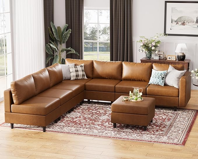118.5" Faux Leather Modular Sectional Convertible Sofa, L Shaped Couch Set for Living Room, Large 8-Seater Comfy Cloud Couches with Movable Storage Ottoman DIY Combination - Brown-CasaMuseHome