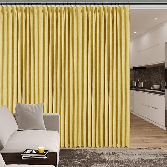 150 Inches Extra Wide Room Divider Draperies, Pinch Pleat Drapes, Absolutely Blackout Sliding Door Drapery, Total Privacy Ceiling Track Curtains, 150" W by 84" L, Yellow (1 Panel)-CasaMuseHome