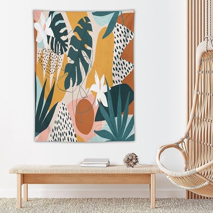 Abstract Bohemian Mid Century Tapestry, Tropical Leaves Modern Geometric Archway Minimalist Bohemian Botanical Aesthetic Wall Hanging, Sage Green Gold Home Decor Art for Bedroom 30x40 Inch-CasaMuseHome