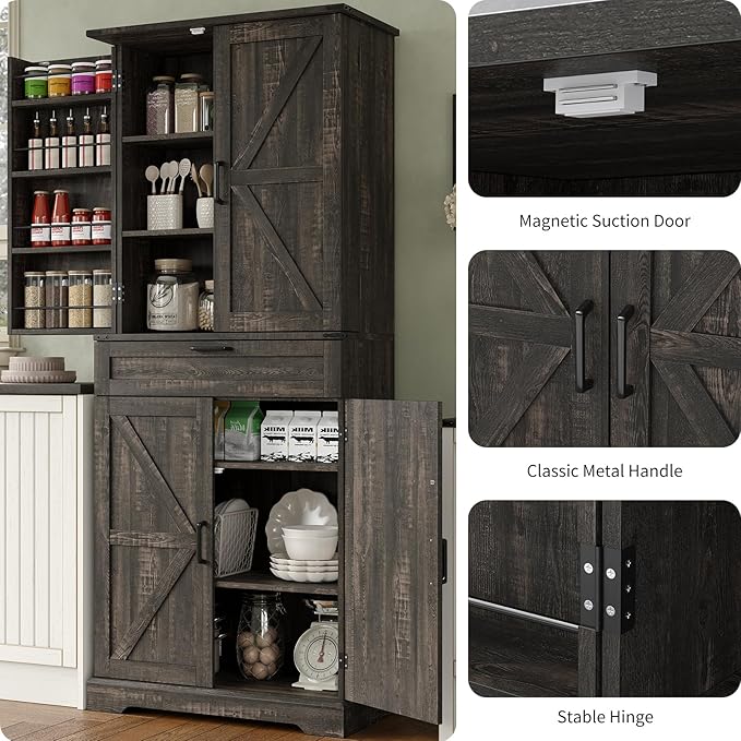 72'' Kitchen Storage Pantry Cabinet, Tall Storage Cabinet with 8 Door Shelves, 2 Cabinets and 1 Drawer, Freestanding Cupboard for Kitchen, Dining Room, Bathroom, Laundry, Living Room, Dark Rustic Oak-CasaMuseHome