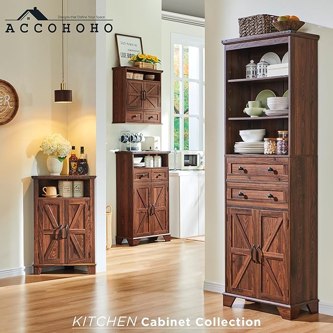 72" Tall Bathroom Storage Cabinet, Farmhouse Storage Cabinet with Adjustable Shelves, Barn Door & 2 Drawers, Cabinet for Bathroom, Living Room & Kitchen, Brown-CasaMuseHome