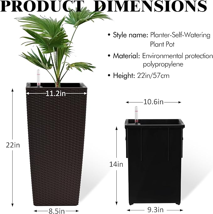 2Pcs 23in High Large Plant Pots Planter-Self-Watering,Modern Planter with Drain Holes,Water Level Monitor,Inner Bucket for Indoor/Outdoor Front Porch Patio,Brown Rattan-CasaMuseHome