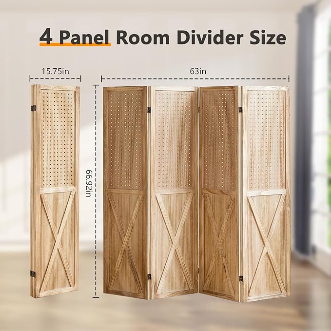 4 Panel Pegboard Wood Room Divider, 5.6Ft Pegboard Display Folding Privacy Screens, Peg Board Display Freestanding for Trade Show Craft Show Home Wall Organizer, Light Brown-CasaMuseHome