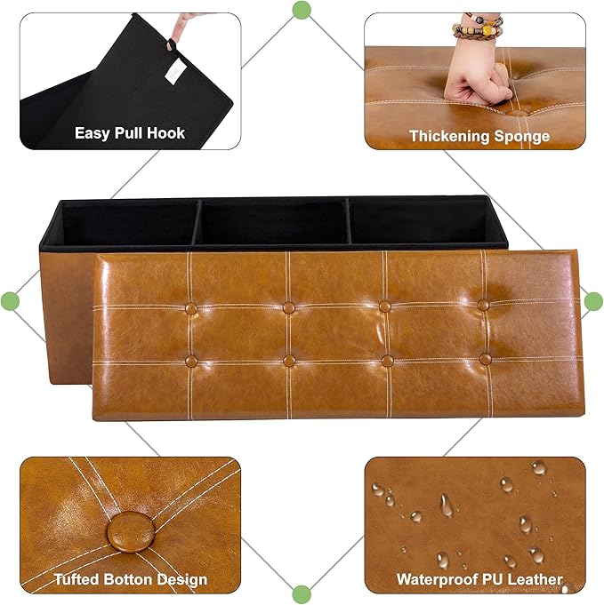 43 Inches Folding Storage Ottoman Bench, PU Leather Storage Chest, Footrest Padded Seat for Bedroom and Hallway, Holds up to 660 lbs, Light Brown-CasaMuseHome