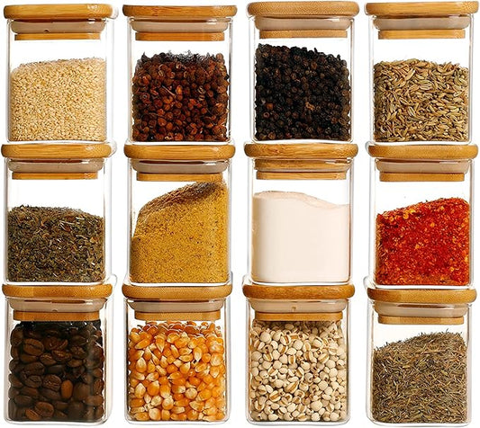 12 Pcs Square Glass Spice Jars with Natural Bamboo Lids - 9oz Airtight Herb Containers with 148 Waterproof Minimalist Spice Labels Preprinted - Empty Small Seasoning Jars for Kitchen Pantry-CasaMuseHome