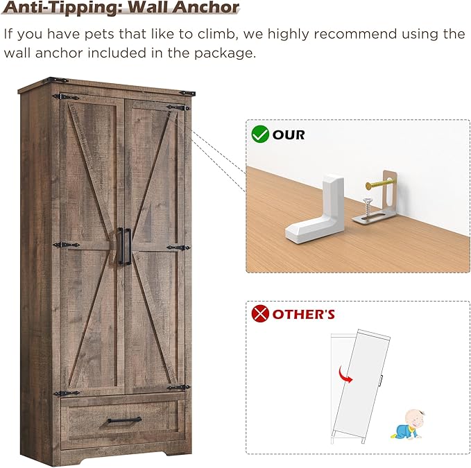 72" Tall Wood Storage Cabinet, Farmhouse Kitchen Pantry Cabinet with Adjustable Shelves & Drawer & Barn Doors, Versatile Storage for Kitchen, Dining Room, Bathroom, Light Brown-CasaMuseHome