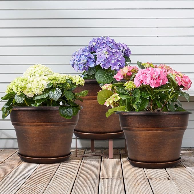 10 Inch Planters Plant Pots Indoor Outdoor, 4 Pack Plastic Flower Pot for Indoor Plants with Drainage Holes & Trays, Resin Decorative Container Sets with Saucer for House Garden Copper-CasaMuseHome