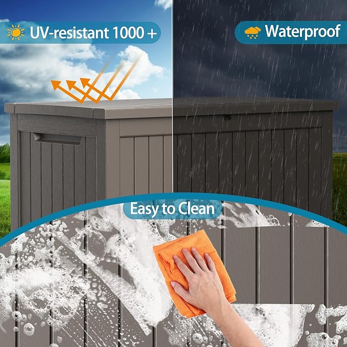 230 Gallon Resin Deck Box, Lockable Patio Outdoor Storage Box for Furniture, Garden Tools and Tools Storage, Waterproof Outside Storage Boxes - Grey-CasaMuseHome