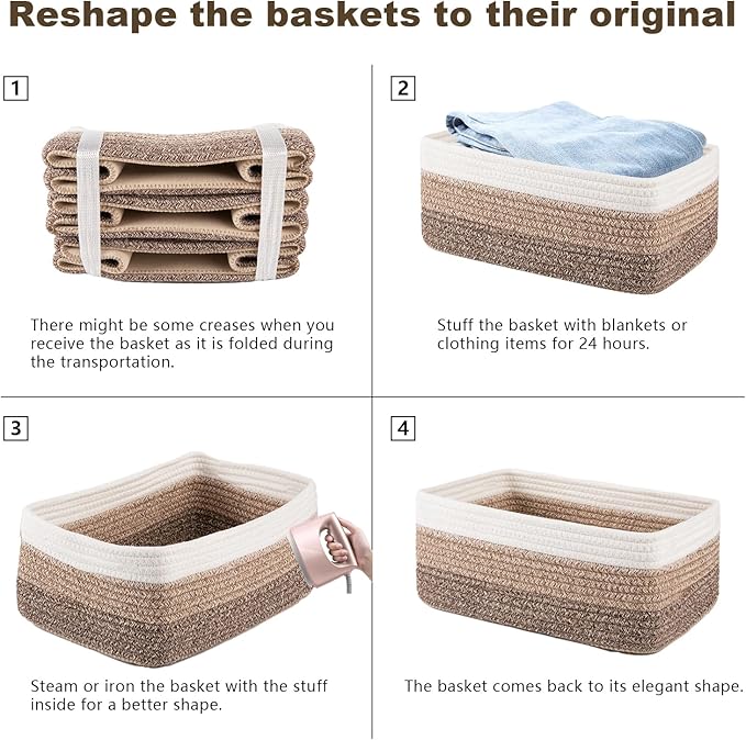 3 Pack Small Storage Baskets for Organizing, Cute Woven Decorative Gift Baskets for Shelves, Mini Closet Organizer Bins with Handles-13''Lx8.66''Wx5.11''H-Brown White-CasaMuseHome
