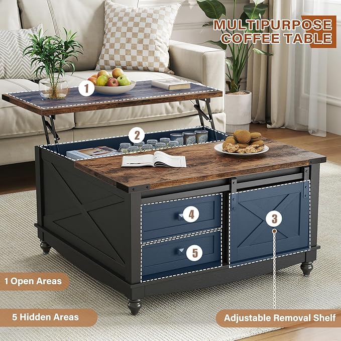31.5" Lift Top Coffee Table with Storage, Farmhouse Coffee Tables for Living Room, Square Coffee Table with Large Hidden Storage Compartment, 2 Drawers & Removable Shelves, Black-CasaMuseHome