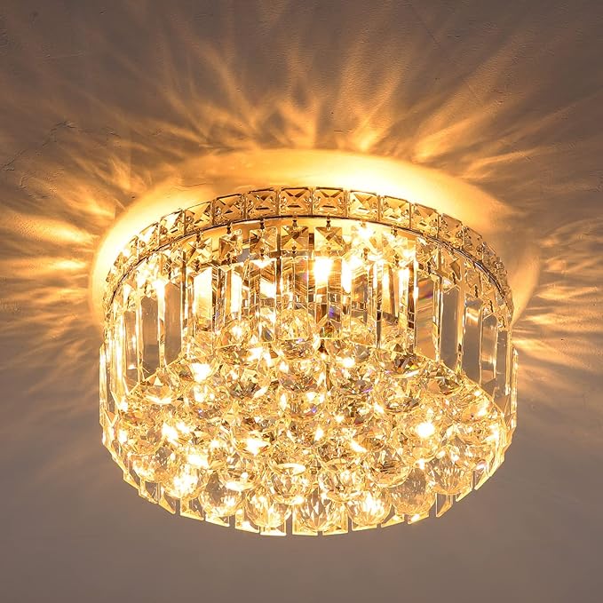 4-Light Crystal Flush Mount Chandelier Light Fixture with K9 Crystals Modern Ceiling Lights Elegant Pendant Lamp for Bedroom,Hallway,Bar,Living Room,Dining Room,H5.9 xW13.7(Bulbs Not Included)-CasaMuseHome