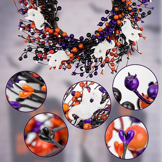 20-Inch Halloween Wreath - Handmade Orange & Black Berry Wreath with Adorable Mini Ghosts, Spooky Front Door Decor for Halloween Party-CasaMuseHome