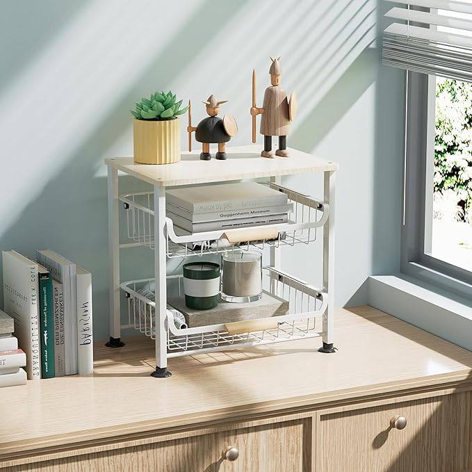 3-Layer Kitchen Fruit Storage Basket Snack Rack, countertop Storage Rack, Stackable Storage Rack with Desktop, Pull-Out Hollow Metal Storage Basket with Handle, Kitchen Organizers & Storage-CasaMuseHome