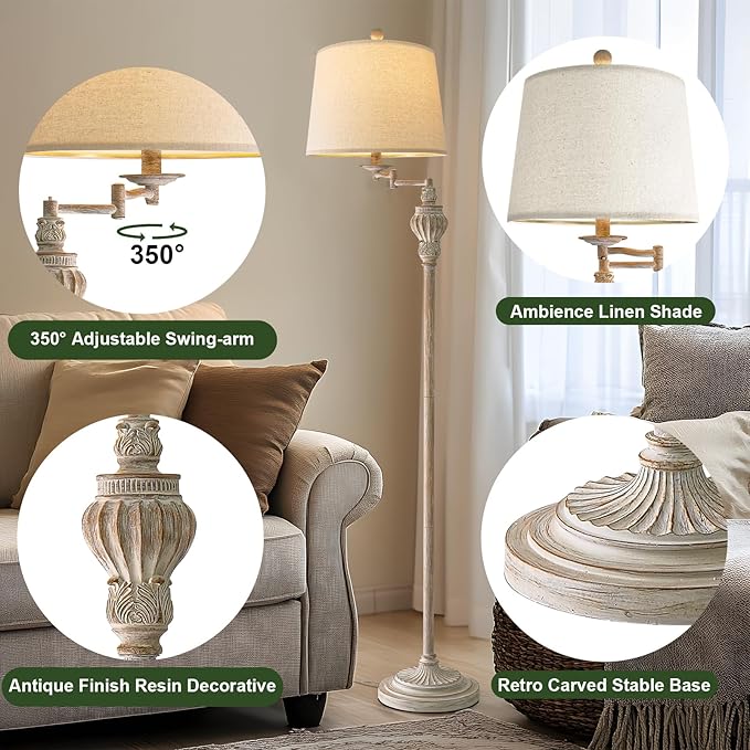 61" Vintage Floor Lamp with 350° Adjustable Swing Arm, Tall lamp Standing Lamp for Bedroom Living Room Bedside Nightstand Retro Farmhouse Mid Century Lamp Light Home Décor Office Gifts-CasaMuseHome