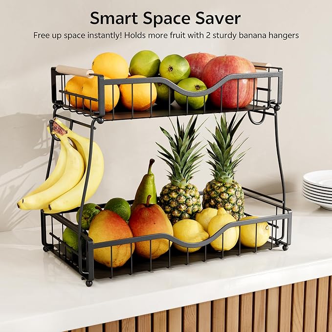 2 Tier Fruit Basket with 2 Banana Hangers, Fruit Bowl for Kitchen Countertop with 2 Wooden Handle, Detachable Metal Fruit Holder for Vegetable Bread with 2 Protective Pads, Black-CasaMuseHome