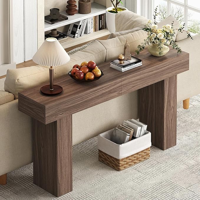 63 Inch Long Console Table for Entryway, Farmhouse Wood Rectangular Sofa Table Behind Couch Table, Narrow Entryway Table for Living Room, Entrance, Hallway, Foyer, Easy Assembly (Brown)-CasaMuseHome