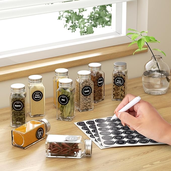 4 Pack Magnetic Spice Rack with 24 Spice Jars, Spice Labels, Chalk Marker and Funnel Set, Magnetic Spice Organizer Shelf for Refrigerator, Microwave, Seasoning Organizer for Kitchen-CasaMuseHome