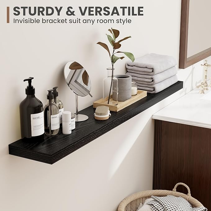 48 Inch Floating Shelves, 8 Inch Deep Floating Shelves for Wall, Hanging Shelf with Invisible Brackets, Deep Shelves for Bathroom, Bedroom, Living Room, Black, Set of 1-CasaMuseHome