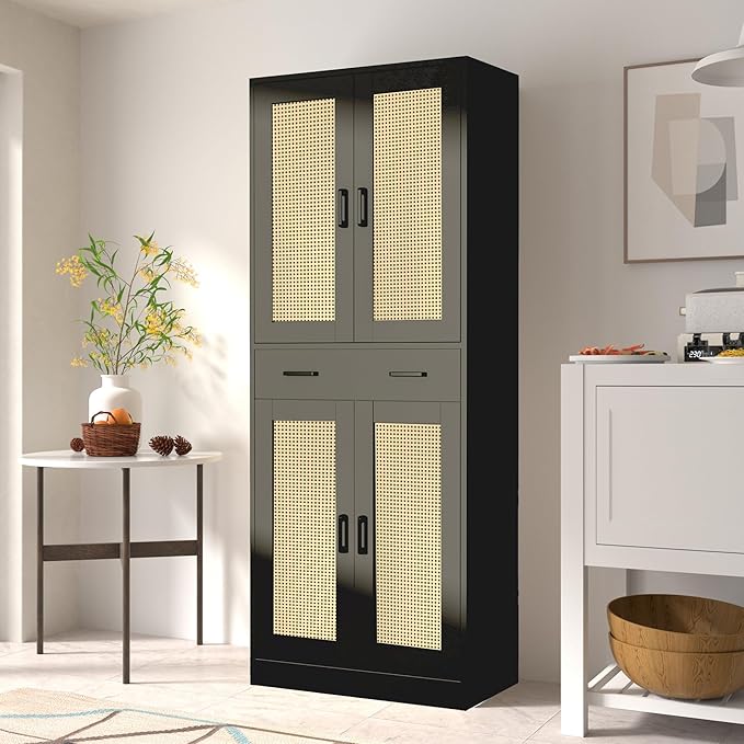 71" Tall Black & Rattan Pantry Cabinet - Boho Chic Kitchen Storage with Doors & Drawer for Dining Room, Hallway or Kitchen Organization-CasaMuseHome