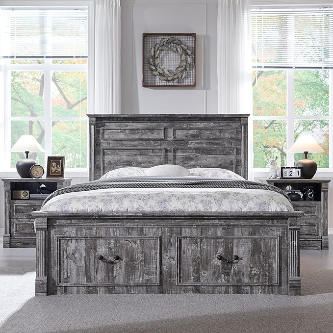 26" Tall Farmhouse Nightstand Set of 2, 2 Drawers End Table w/Charging Station, 23.6" Wide Large Side Table w/Roman Column, Wood Rustic Sofa Table w/Open Shelf, Bedside Table for Bedroom, Light Gray-CasaMuseHome