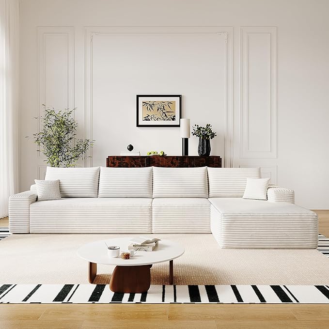 136" Sectional Couches for Living Room Modern Modular Sofa with L-Shape Couchs Upholstered Boneless Couch Deep Seat Sectional Couch with Chaise (White, Right Facing Chaise+3Seaters)-CasaMuseHome