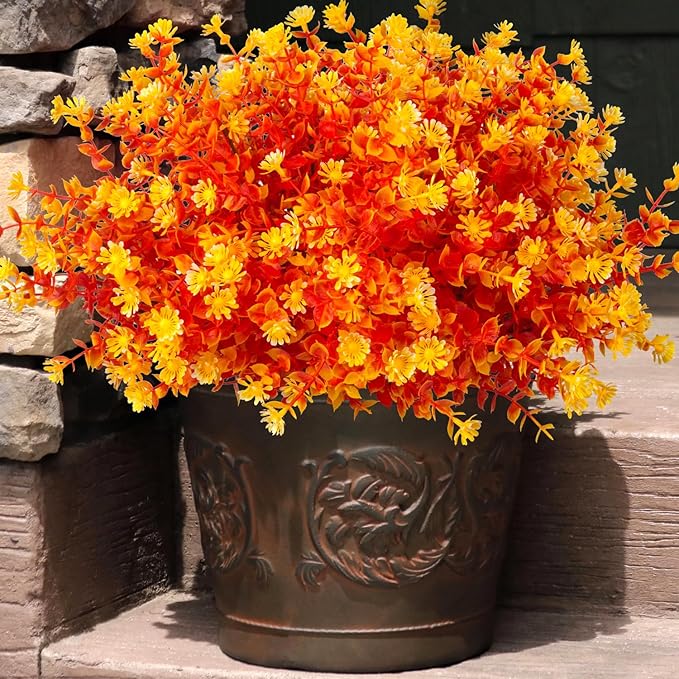 12 Bundles Artificial Fall Flowers No Fade Faux Autumn Plants, Fake Indoor Outdoor Greenery Decorations for Thanksgiving Christmas Wedding Party Home Garden Fireplace Décor (Fall Orange)-CasaMuseHome