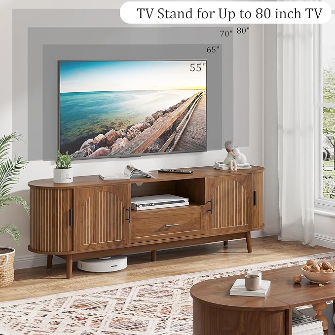 70" Fluted TV Stand for Tvs up to 80", Mid-Century Modern Entertainment Center with Drawers and Fluted Doors, Curved TV Media Console Table with Sliding Doors for Living Room, Bedroom (70")-CasaMuseHome
