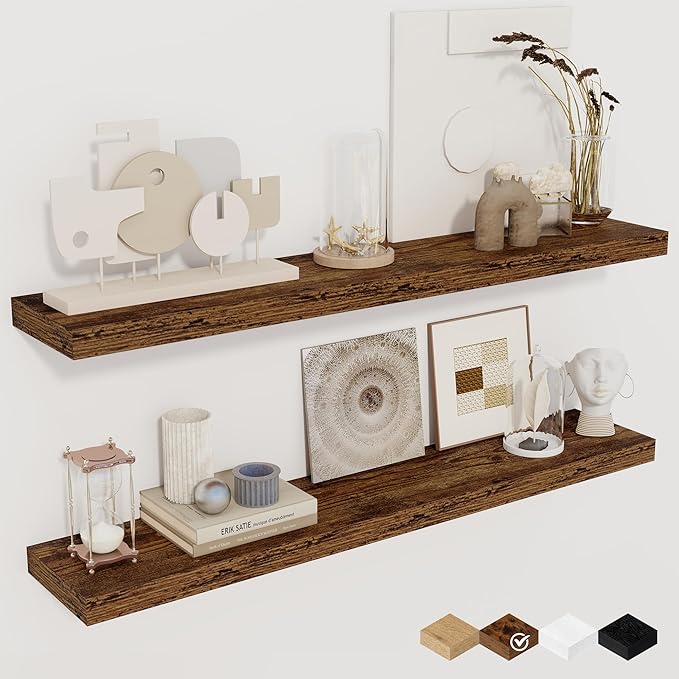 36Inch Floating Shelves for Wall 2 Pack Wood Shelves for Kitchen, Bathroom, Bedroom Wall Mounted Rustic Wood Floating Shelf with Invisible Brackets for Books, Storage, Decor, Rustic Brown-CasaMuseHome