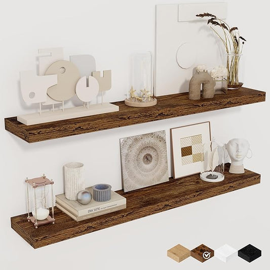 36Inch Floating Shelves for Wall 2 Pack Wood Shelves for Kitchen, Bathroom, Bedroom Wall Mounted Rustic Wood Floating Shelf with Invisible Brackets for Books, Storage, Decor, Rustic Brown-CasaMuseHome