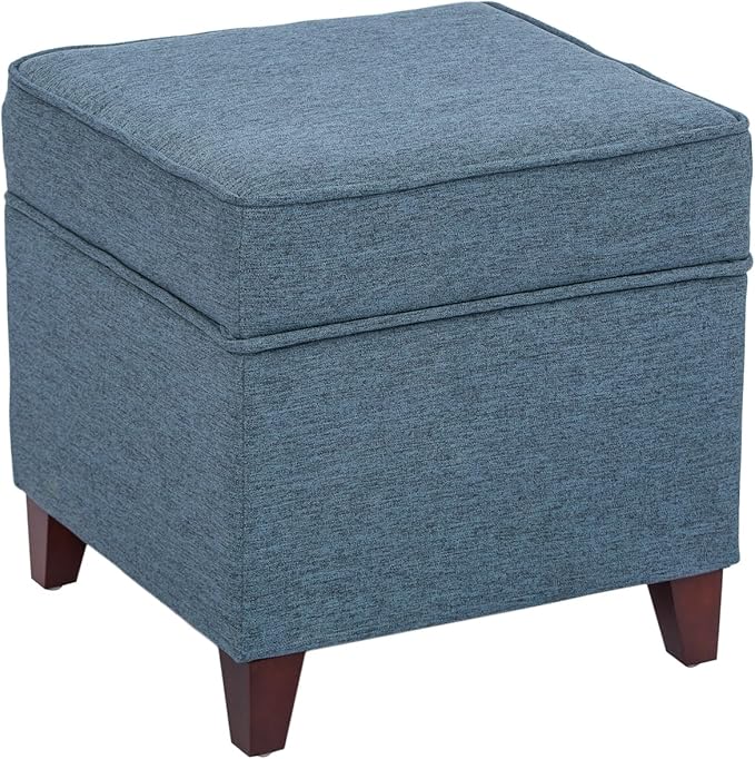 Adeco 17" Square Ottoman with Storage, Small Blue Storage Ottoman Foot Rest with Hinged Lid & Solid Wood Legs, Linen Fabric Foot Stool for Living Room & Bedroom-CasaMuseHome