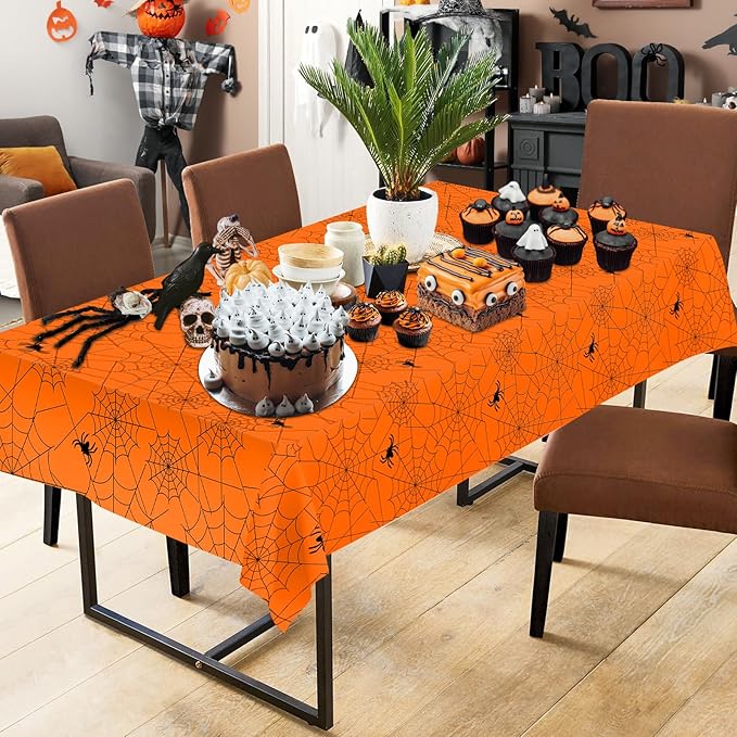 2 Pcs Halloween Tablecloth - Plastic Halloweens Spider Webs Table Cloth, Orange Disposable Rectangle Spiderweb Table Cover for Halloween Party Decorations Supplies Favors Tables Decor, 108 x 54 Inch-CasaMuseHome