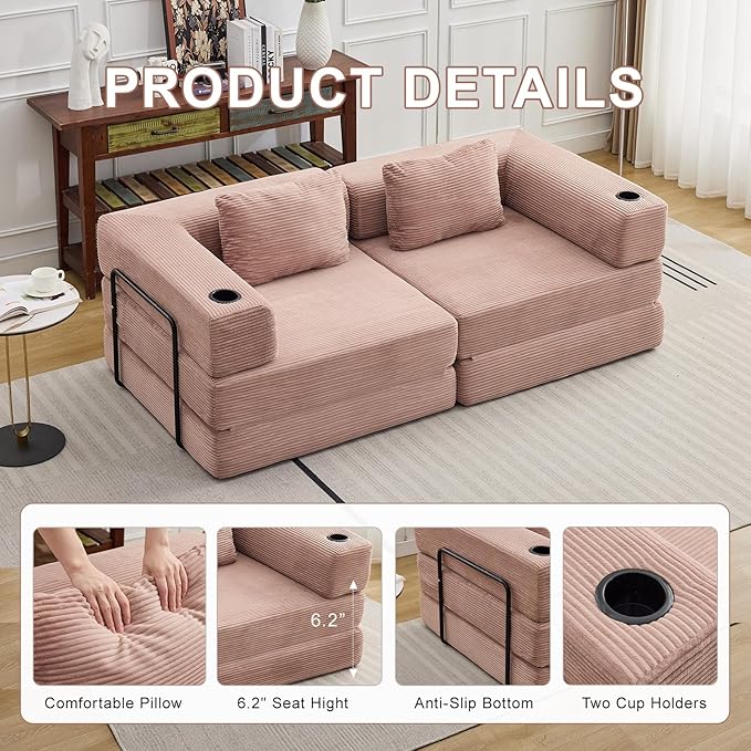 78" W Loveseat Sofa, 4 in 1 Convertible Floor Sofa Bed, Boneless Cloud Couch with Cup Holder, Fold Out Floor Couch, Loveseat Recliner Sleeper for Living Room Bedroom Lounge(Corduroy, White)-CasaMuseHome