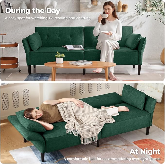 89” Futon Sofa Bed, Velvet Fabric Comfy Futon Couch Bed with 2 Square Pillows, Convertible Sleeper Sofa with Adjustable Backrest& Armrests, Modern Loveseat Sleeper for Living Room, Bedroom-CasaMuseHome