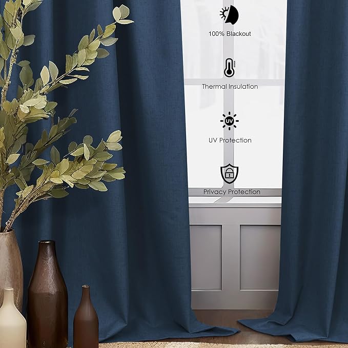 54 Inch Length Curtains for Bedroom Men Room Decor Darkening Back Tab Pleated Blackout Linen Insulated Curtain for Living Room Bathroom Wide Dark Navy Midnight Blue Drapes for Teen Boy 54 Long 2 Panel-CasaMuseHome