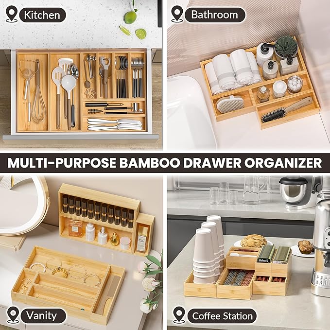 Kitchen Drawer Organizer Bins, Stackable Bamboo Drawer Organizer for Silverware, Flatware, Deep Office Desk Drawer Organizer Tray, Desktop Pen, Office Organization 9" x 6" x 2.5" (Set of 2)-CasaMuseHome