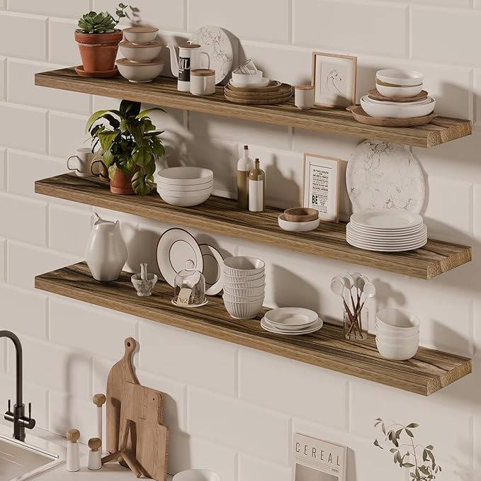 48 Inch Floating Shelves, 8 Inch Deep Floating Shelves for Wall, Hanging Shelf with Invisible Brackets, Wall Mounted Display Shelves for Bathroom, Bedroom, Living Room,3 Tier-CasaMuseHome