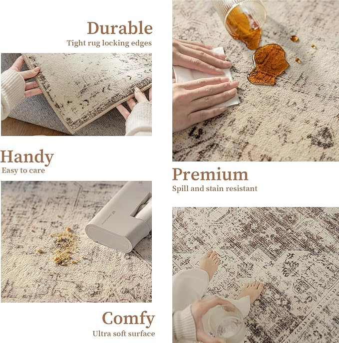 5'x7' Area Rug - Vintage Persian Medallion Design Low-Pile Faux Wool Rug, Non-Slip Backing, Machine Washable, for Living Room, Dining Room, Bedroom (Cream/Taupe)-CasaMuseHome