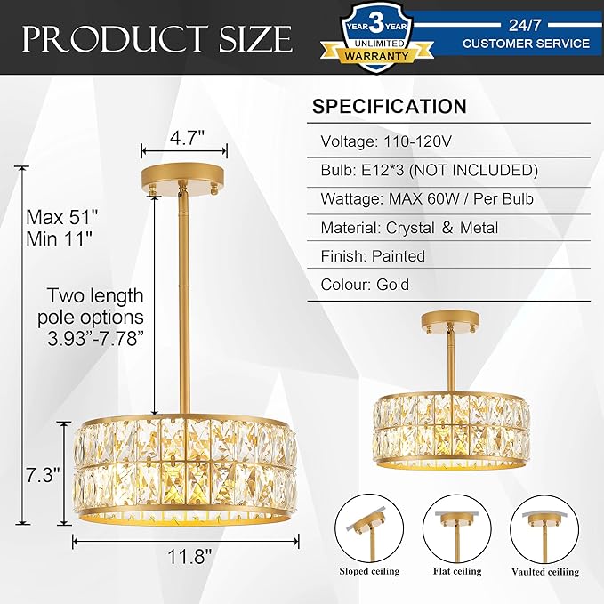 12” 3-Light Modern Crystal Chandeliers Gold Dinning Room Light Fixture, Round Pendant Light Kitchen Island Chandelier, Flush Mount Ceiling Light for Living Room Entryway Bedroom Foyer-CasaMuseHome