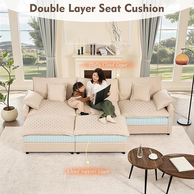 108" U Shaped Couch, Modular Sectional Sofa, 3-Seater Comfy Cloud Couch with Movable Ottoman, Deep Seat Couches for Living Room, Linen, Beige-CasaMuseHome