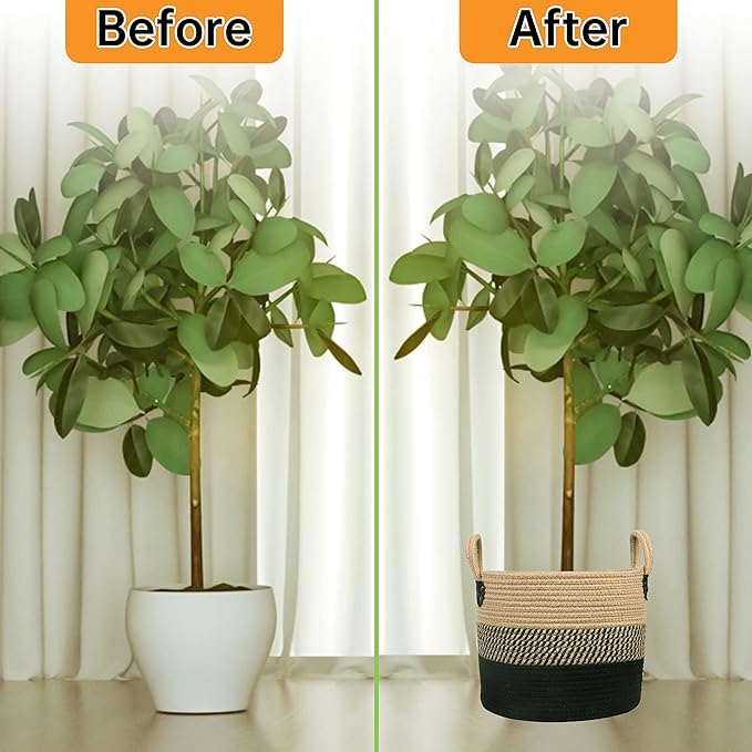 14"x12" Natural Jute Rope Woven Storage Basket with Handles for Plant, Blankets,Toys - Living Room Home Decor,Multifunctional Basket for Organizer,Picnic,Artificial Tree Black and Beige-CasaMuseHome