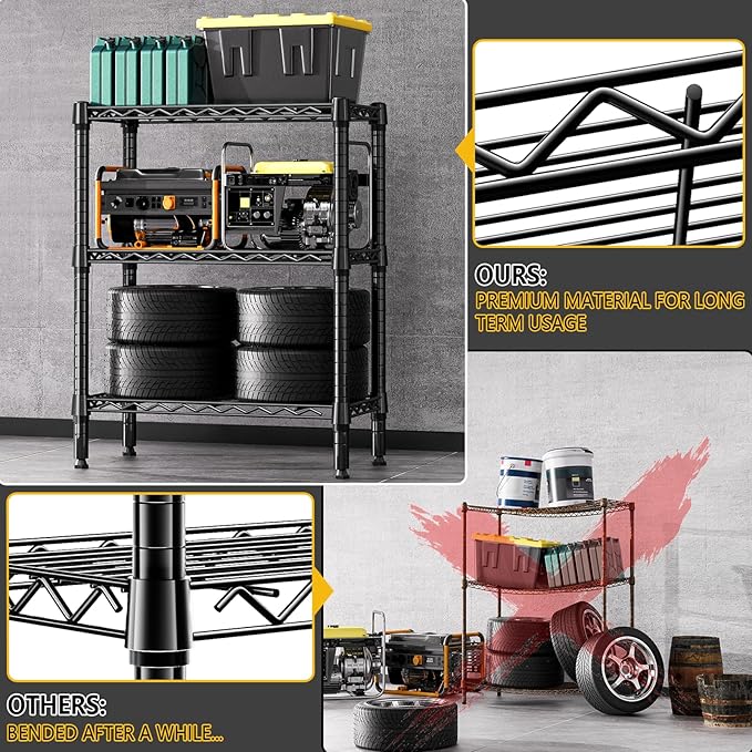 750 lbs 3 Tier Shelf Metal Storage Shelves Wire Rack Closet Organizers for Garage Kitchen Bathroom Laundry Black 11.8" D x 25.6" W x 31.5" H-CasaMuseHome