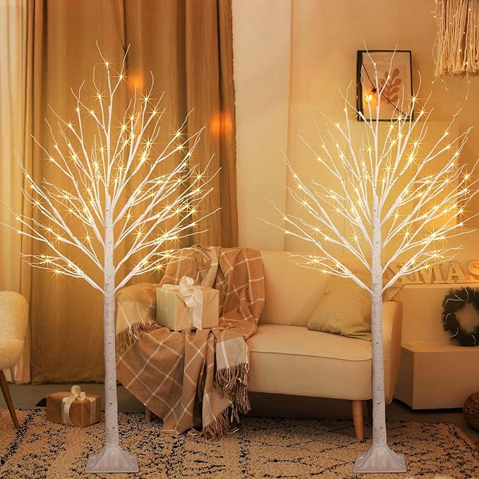 2 Pack 5FT 200LED Christmas Lighted Birch Tree, Timer Function Prelit Artificial Tree Lamp Plug in with Warm White Lights, 2 Modes Twinkling Twig Trees for Indoor Outdoor Party Christmas Decorations-CasaMuseHome