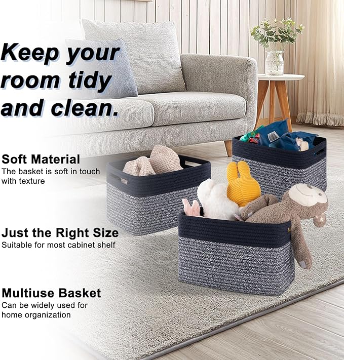 4 Pack Storage Baskets for Organizing, Woven Baskets for Shelves - Perfect for Toys, Books, Towels, and Clothes, Durable Gift Basket Bins Toy Storage, 13''L x9''W x7.8''H, Blue and Grey-CasaMuseHome