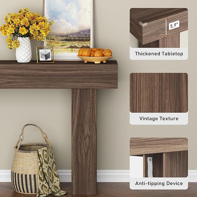 63 Inch Long Console Table for Entryway, Farmhouse Wood Rectangular Sofa Table Behind Couch Table, Narrow Entryway Table for Living Room, Entrance, Hallway, Foyer, Easy Assembly (Brown)-CasaMuseHome